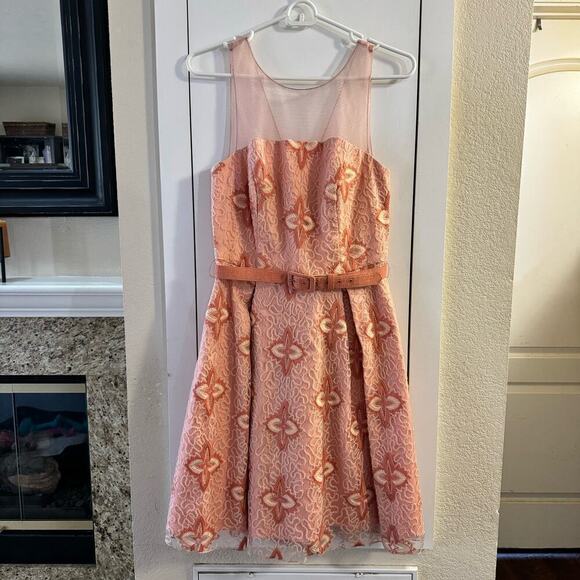 Anthropologie Eva Franco Peach Blossom Belted Dress A-line Embroidered Size 6 - Picture 4 of 13